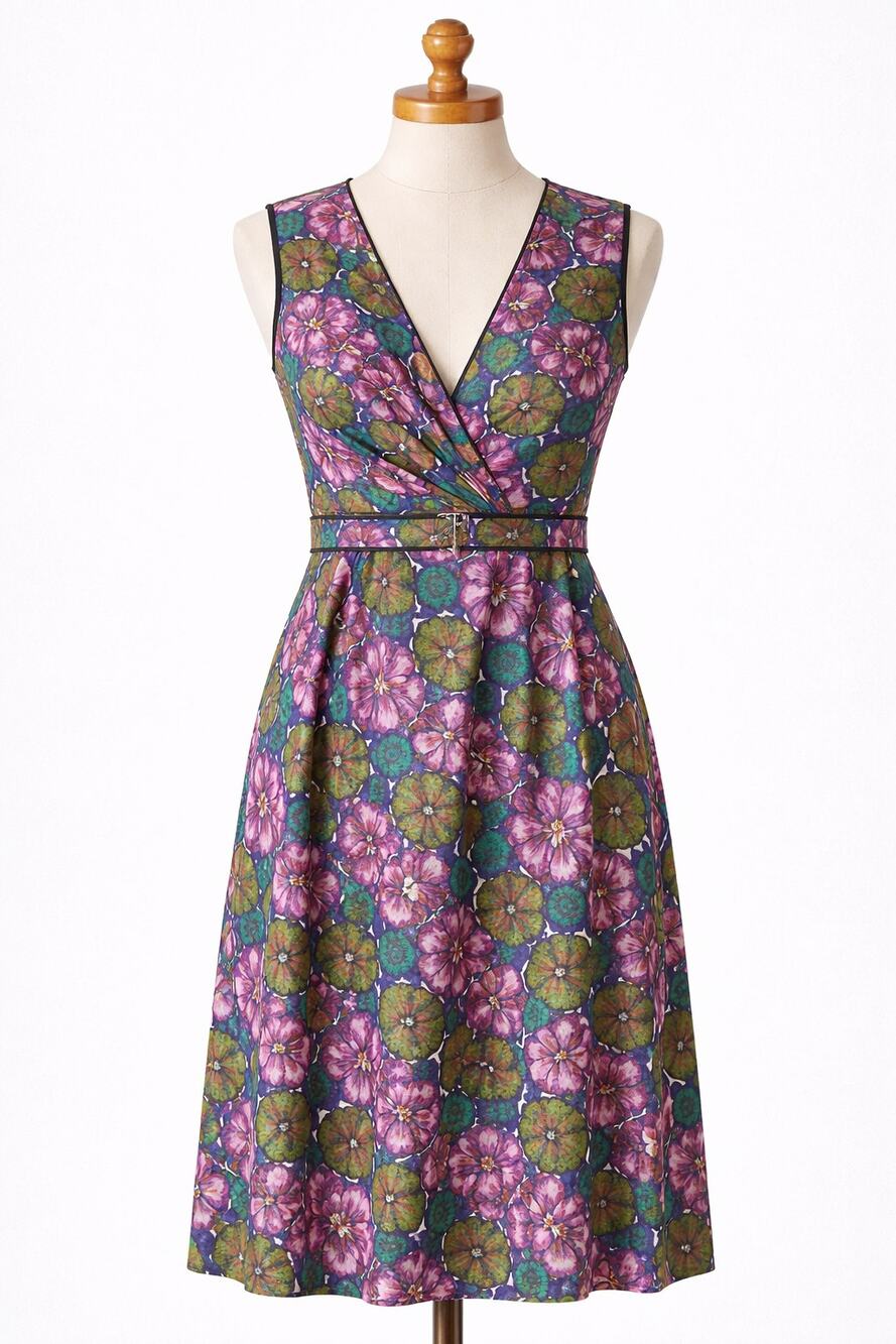 Vintage Floral Sun Dress Pink Green 1960s Belt Flowers V Neck